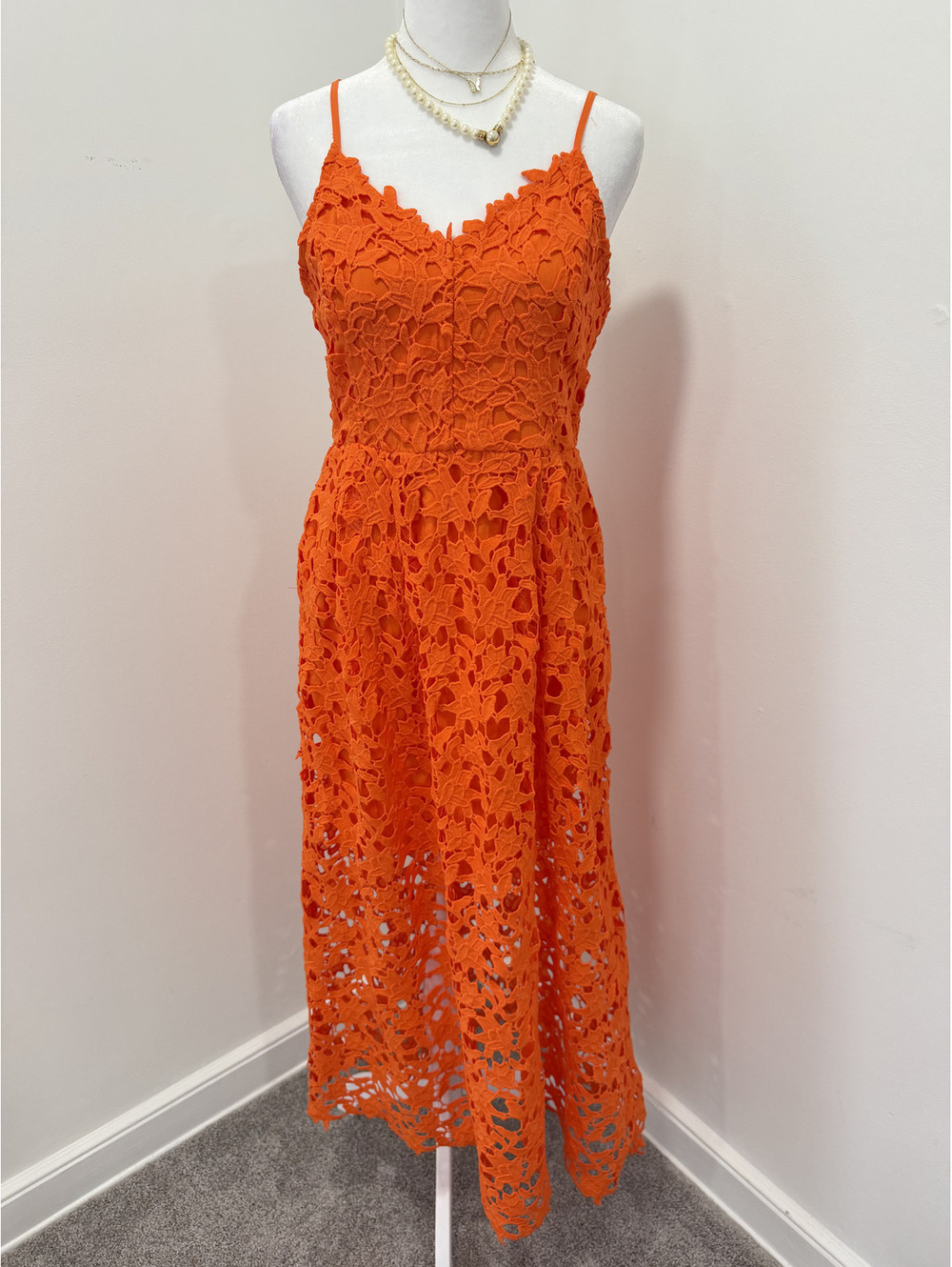 NWT Endless Rose Orange Guipure Lace Midi Dress V- Neck Spaghetti Strap M